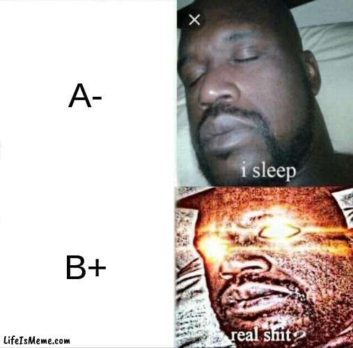 Grades in a Nutshell | A-; B+ | image tagged in memes,sleeping shaq,funny,why are you reading this,stop reading the tags | made w/ Lifeismeme meme maker