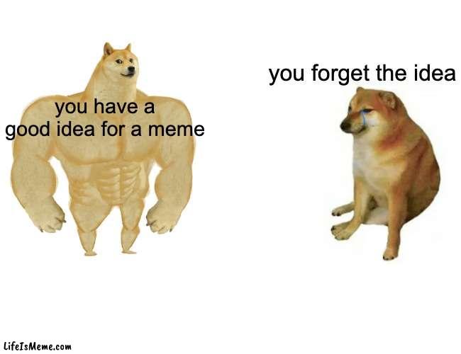 i had a really good idea but i forgot it :') | you forget the idea; you have a good idea for a meme | image tagged in memes,buff doge vs cheems | made w/ Lifeismeme meme maker