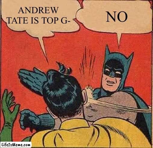 Not top G fr | ANDREW TATE IS TOP G-; NO | image tagged in memes,batman slapping robin,batman and robin | made w/ Lifeismeme meme maker