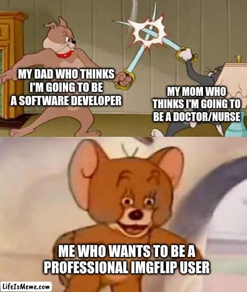 How many people can agree with me | MY DAD WHO THINKS I'M GOING TO BE A SOFTWARE DEVELOPER; MY MOM WHO THINKS I'M GOING TO BE A DOCTOR/NURSE; ME WHO WANTS TO BE A PROFESSIONAL IMGFLIP USER | image tagged in tom and jerry swordfight,imgflip,nurses,doctor,software | made w/ Lifeismeme meme maker