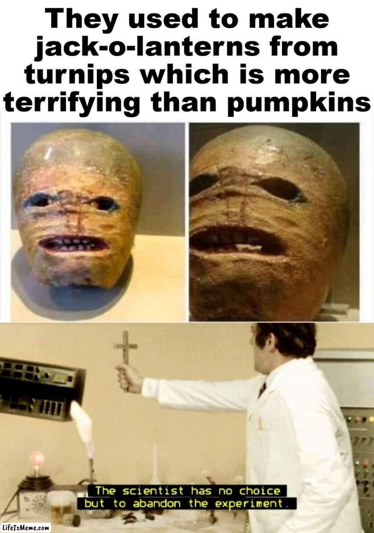 Looks like a horrible mummy | They used to make jack-o-lanterns from turnips which is more terrifying than pumpkins | image tagged in terror,halloween is coming,turnip,pumpkin,decorating | made w/ Lifeismeme meme maker