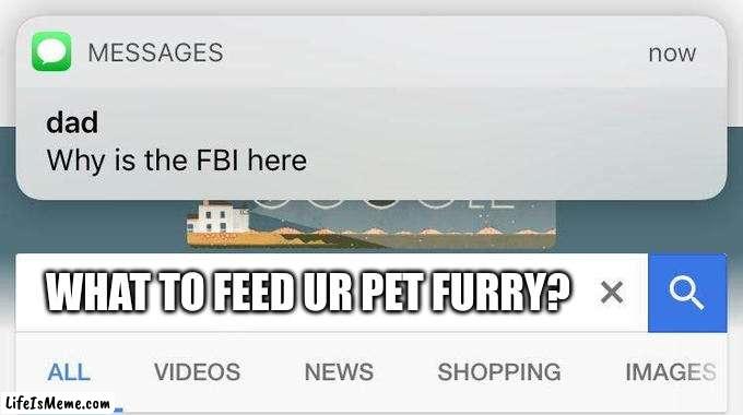 .... | WHAT TO FEED UR PET FURRY? | image tagged in why is the fbi here,dank memes,dark humor,funny,memes,lol so funny | made w/ Lifeismeme meme maker