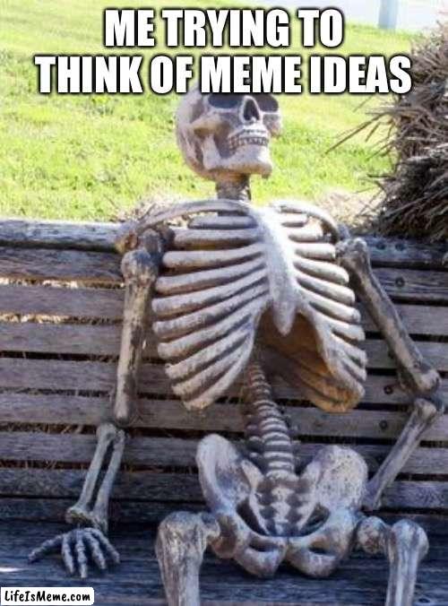 Still no ideas | ME TRYING TO THINK OF MEME IDEAS | image tagged in memes,waiting skeleton | made w/ Lifeismeme meme maker