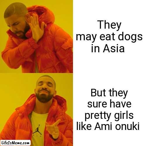 They may have a con but they sure have a pro | They may eat dogs in Asia; But they sure have pretty girls like Ami onuki | image tagged in memes,drake hotline bling | made w/ Lifeismeme meme maker