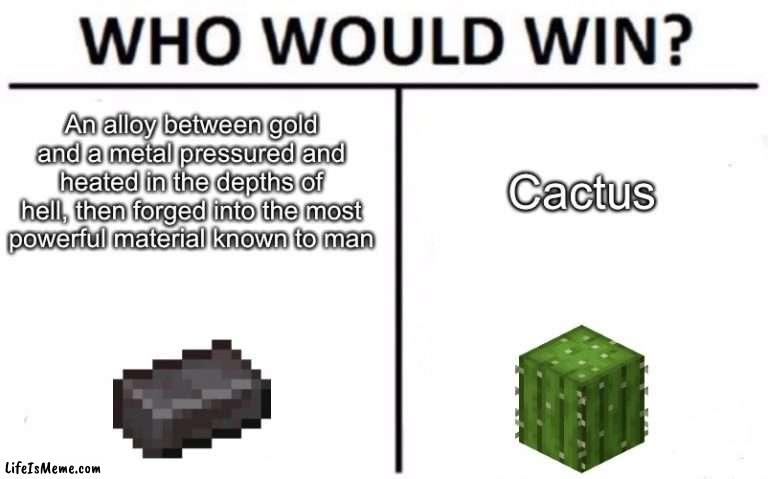 netherite vs cactus | An alloy between gold and a metal pressured and heated in the depths of hell, then forged into the most powerful material known to man; Cactus | image tagged in memes,who would win | made w/ Lifeismeme meme maker
