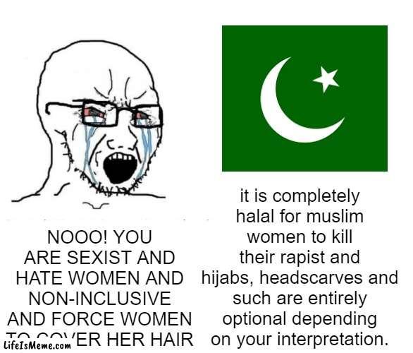 chat muslim | it is completely halal for muslim women to kill their rapist and hijabs, headscarves and such are entirely optional depending on your interpretation. NOOO! YOU ARE SEXIST AND HATE WOMEN AND NON-INCLUSIVE AND FORCE WOMEN TO COVER HER HAIR | image tagged in soyboy vs yes chad,muslim,anti-islamophobia | made w/ Lifeismeme meme maker