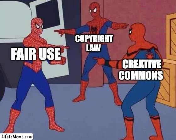 3 Spiderman Pointing | COPYRIGHT LAW; FAIR USE; CREATIVE COMMONS | image tagged in 3 spiderman pointing | made w/ Lifeismeme meme maker