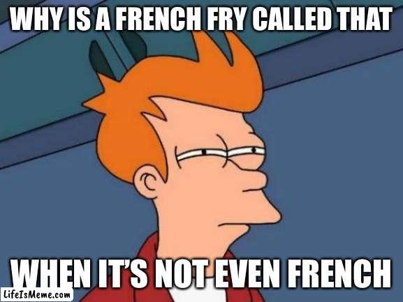 Hmmmmmmm… | WHY IS A FRENCH FRY CALLED THAT; WHEN IT’S NOT EVEN FRENCH | image tagged in memes,futurama fry | made w/ Lifeismeme meme maker