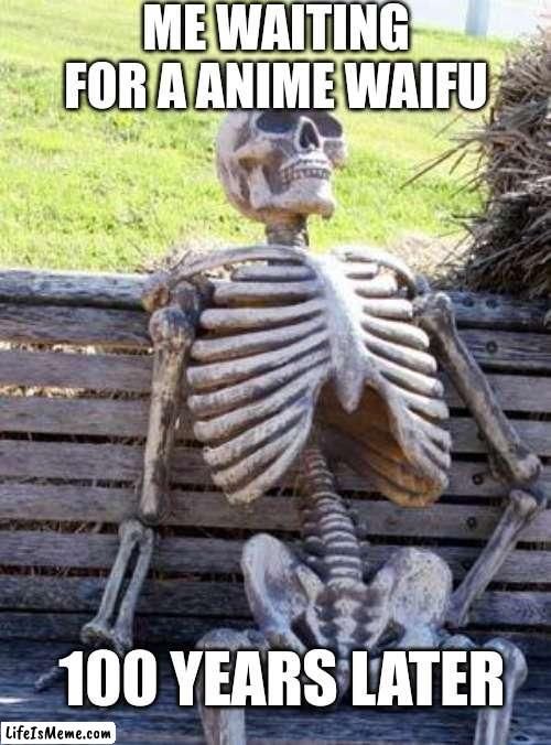 Waiting for a anime waifu | ME WAITING FOR A ANIME WAIFU; 100 YEARS LATER | image tagged in memes,waiting skeleton | made w/ Lifeismeme meme maker