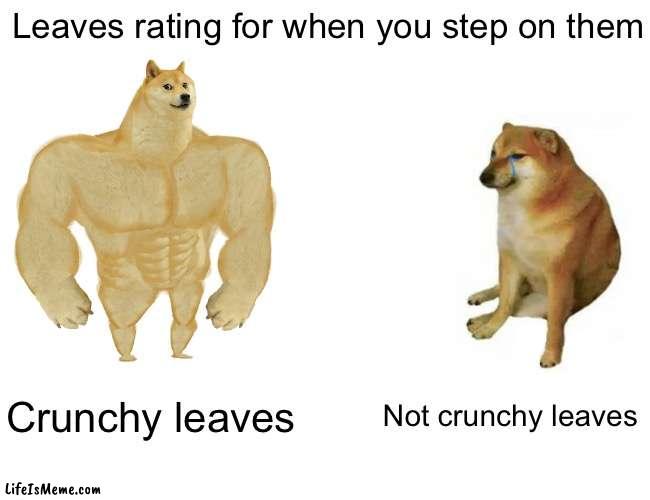 Crunch | Leaves rating for when you step on them; Crunchy leaves; Not crunchy leaves | image tagged in memes,buff doge vs cheems,leaves,doge,crunchy,hehe | made w/ Lifeismeme meme maker