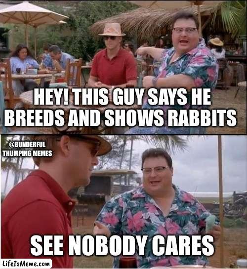 rabbits | HEY! THIS GUY SAYS HE BREEDS AND SHOWS RABBITS; @BUNDERFUL THUMPING MEMES; SEE NOBODY CARES | image tagged in memes,see nobody cares | made w/ Lifeismeme meme maker