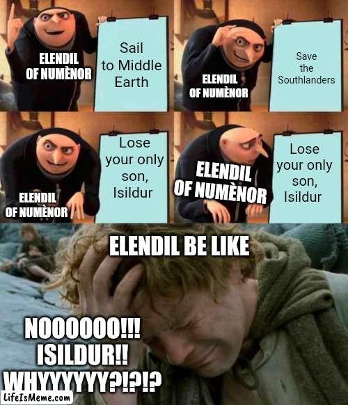 Elendil be like- gru's plan | Sail to Middle Earth; Save the Southlanders; ELENDIL OF NUMÈNOR; ELENDIL OF NUMÈNOR; Lose your only son, Isildur; Lose your only son, Isildur; ELENDIL OF NUMÈNOR; ELENDIL OF NUMÈNOR; ELENDIL BE LIKE; NOOOOOO!!! ISILDUR!!
WHYYYYYY?!?!? | image tagged in gru's plan,rings of power | made w/ Lifeismeme meme maker