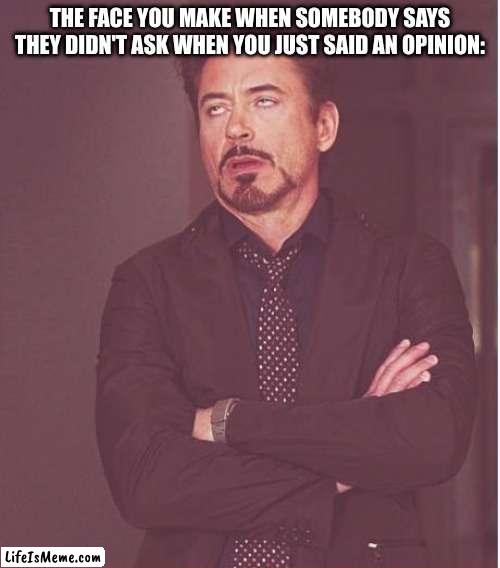 yeah. based on a true event. | THE FACE YOU MAKE WHEN SOMEBODY SAYS THEY DIDN'T ASK WHEN YOU JUST SAID AN OPINION: | image tagged in memes,face you make robert downey jr | made w/ Lifeismeme meme maker