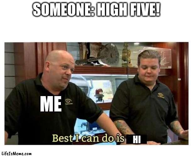 Yup im lazyDont judge me | SOMEONE: HIGH FIVE! ME; HI | image tagged in pawn stars best i can do,high five | made w/ Lifeismeme meme maker