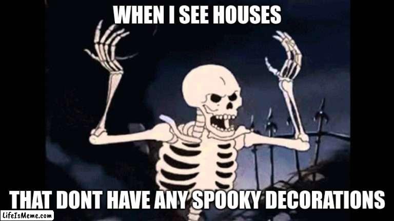 *angry bone sounds* | WHEN I SEE HOUSES; THAT DONT HAVE ANY SPOOKY DECORATIONS | image tagged in spooky skeleton | made w/ Lifeismeme meme maker