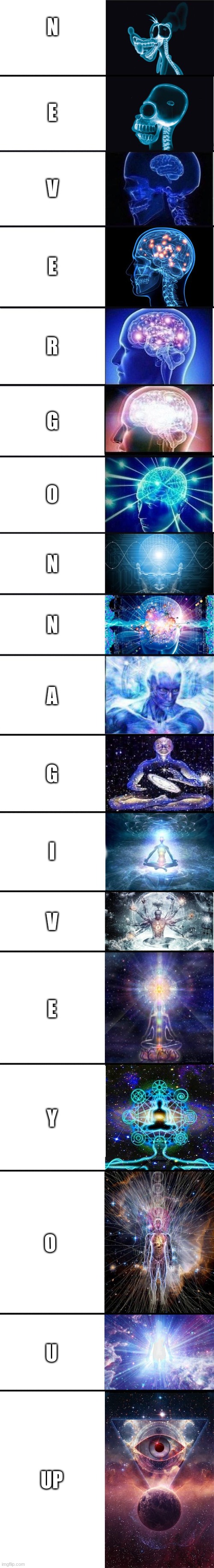 scroll down on this quickly (after clicking 'show more') | N; E; V; E; R; G; O; N; N; A; G; I; V; E; Y; O; U; UP | image tagged in expanding brain 9001 | made w/ Lifeismeme meme maker