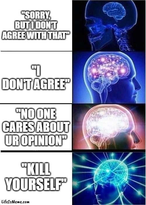 idk its been like a year since i've been on here | "SORRY, BUT I DON'T AGREE WITH THAT"; "I DON'T AGREE"; "NO ONE CARES ABOUT UR OPINION"; "KILL YOURSELF" | image tagged in memes,expanding brain | made w/ Lifeismeme meme maker