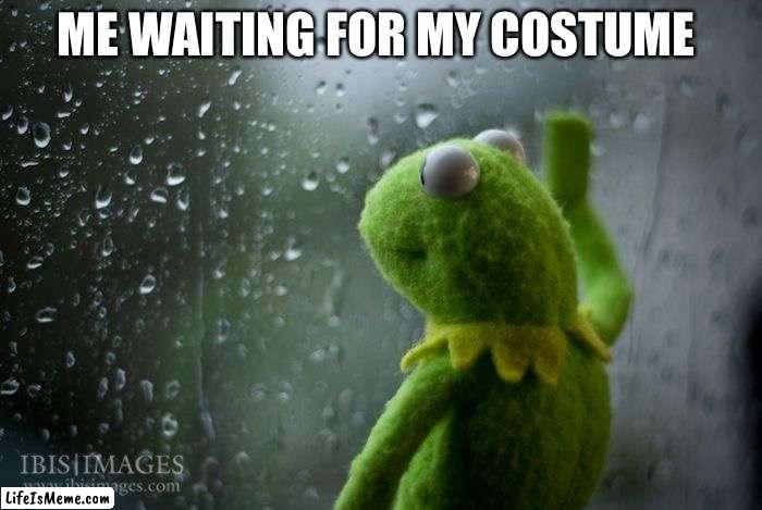I ordered it at the beginning of the beginning of this month | ME WAITING FOR MY COSTUME | image tagged in kermit window | made w/ Lifeismeme meme maker