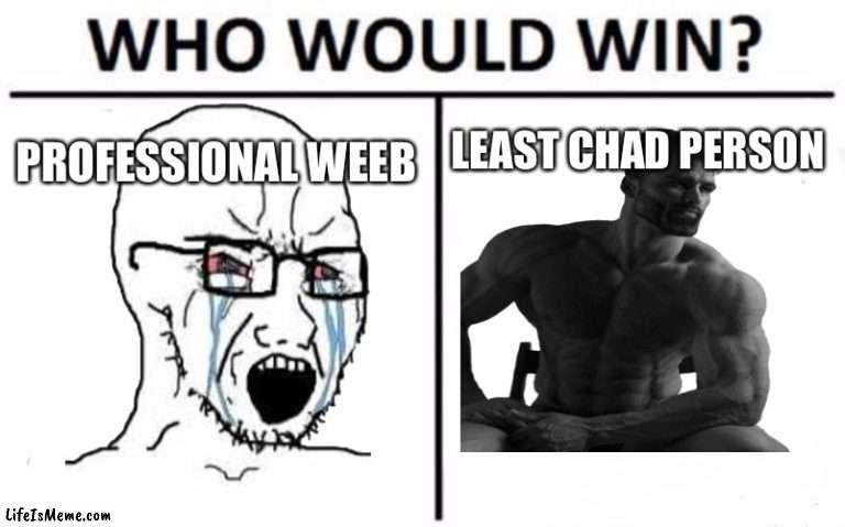 ChadVsWeeb Be Like | LEAST CHAD PERSON; PROFESSIONAL WEEB | image tagged in memes,who would win,chadvsweeb | made w/ Lifeismeme meme maker