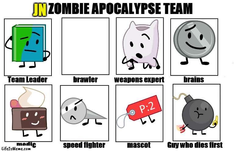 TPOT Zombie Apocalypse: Just Not | JN | image tagged in my zombie apocalypse team,bfb | made w/ Lifeismeme meme maker