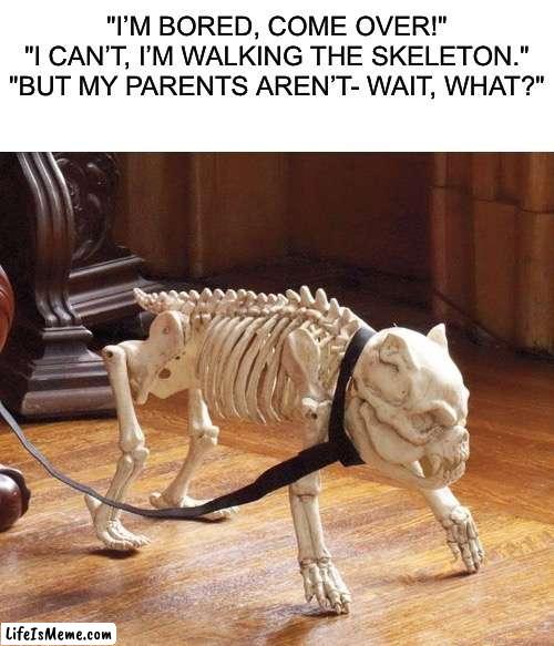 He’s a good boy, even beyond the grave! | image tagged in funny,memes,skeleton,spooky month,spooktober,parents | made w/ Lifeismeme meme maker