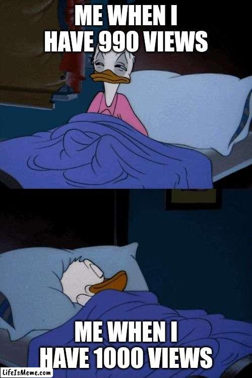 Sleeping Donald Duck | ME WHEN I HAVE 990 VIEWS; ME WHEN I HAVE 1000 VIEWS | image tagged in sleeping donald duck | made w/ Lifeismeme meme maker