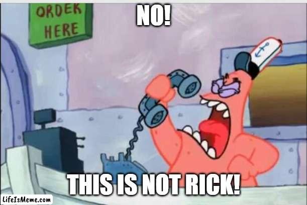 No This Is Not Rick | NO! THIS IS NOT RICK! | image tagged in no this is patrick,spongebob,patrick star,multiple episodes,wait a minute,wait what | made w/ Lifeismeme meme maker