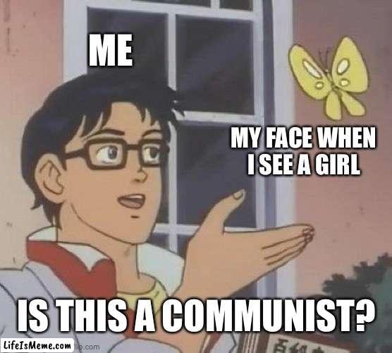 all women are comrades | ME; MY FACE WHEN I SEE A GIRL; IS THIS A COMMUNIST? | image tagged in memes,is this a pigeon | made w/ Lifeismeme meme maker