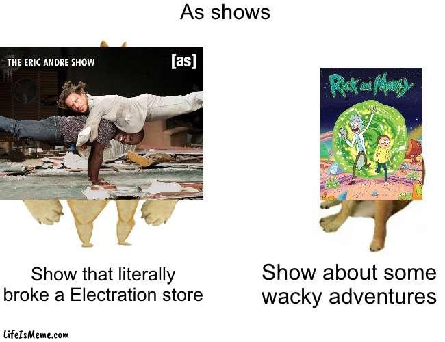 [AS] | As shows; Show that literally broke a Electration store; Show about some wacky adventures | image tagged in memes,buff doge vs cheems,adult swim,rick and morty,eric andre | made w/ Lifeismeme meme maker