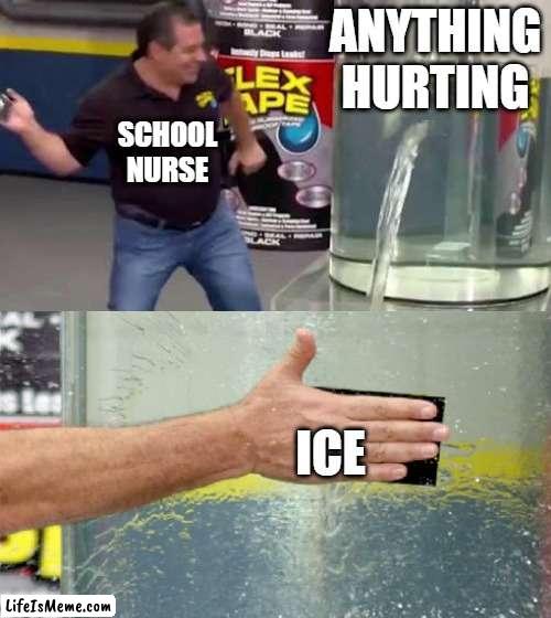 but.. why | ANYTHING HURTING; SCHOOL NURSE; ICE | image tagged in flex tape | made w/ Lifeismeme meme maker