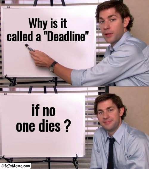 Oh no , I missed it ! | Why is it called a "Deadline"; if no one dies ? | image tagged in jim halpert explains,dead,well yes but actually no,why so serious,end of the world,this is fine | made w/ Lifeismeme meme maker