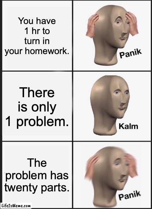 Don't Wait Until Last Minute to do Homework | You have 1 hr to turn in your homework. There is only 1 problem. The problem has twenty parts. | image tagged in memes,panik kalm panik | made w/ Lifeismeme meme maker