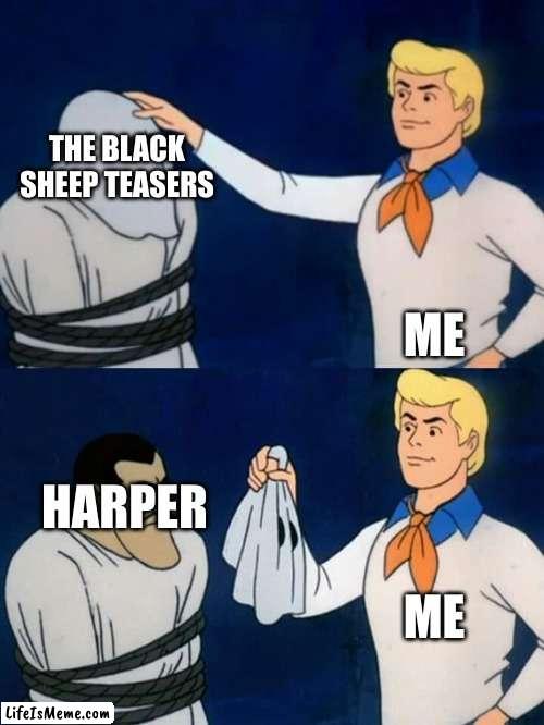 if you have seen my twitter account, you might know what i'm saying | THE BLACK SHEEP TEASERS; ME; HARPER; ME | image tagged in scooby doo mask reveal | made w/ Lifeismeme meme maker