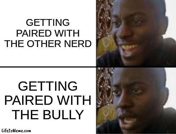 Me in partners for school | GETTING PAIRED WITH THE OTHER NERD; GETTING PAIRED WITH THE BULLY | image tagged in oh yeah oh no | made w/ Lifeismeme meme maker