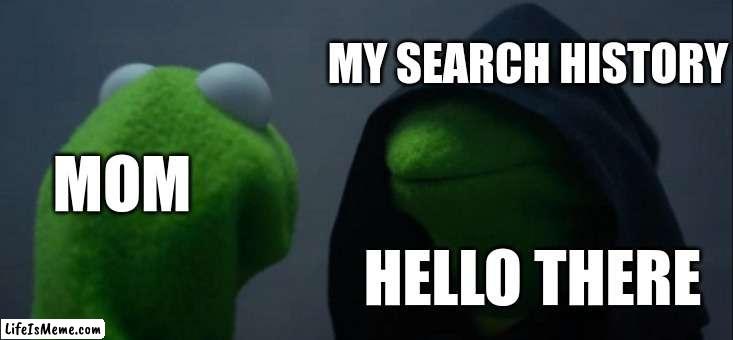 delete your search history!!! | MY SEARCH HISTORY; MOM; HELLO THERE | image tagged in memes,evil kermit | made w/ Lifeismeme meme maker