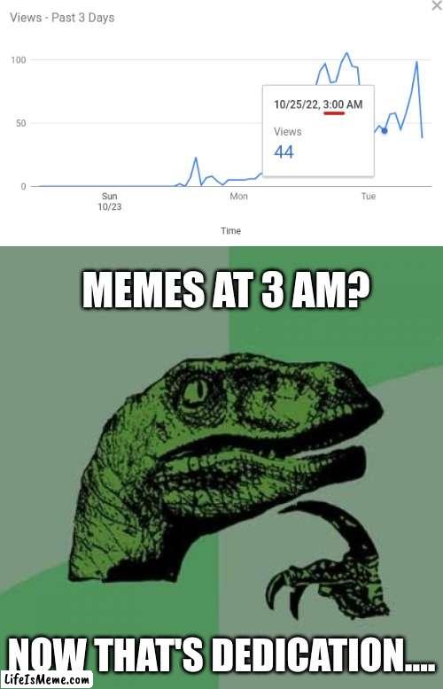 Sleep? Nah..... | MEMES AT 3 AM? NOW THAT'S DEDICATION.... | image tagged in memes,philosoraptor,wow,dedication,memers,late night | made w/ Lifeismeme meme maker