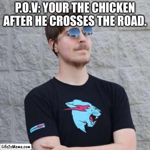 Mr. Beast | P.O.V: YOUR THE CHICKEN AFTER HE CROSSES THE ROAD. | image tagged in mr beast | made w/ Lifeismeme meme maker