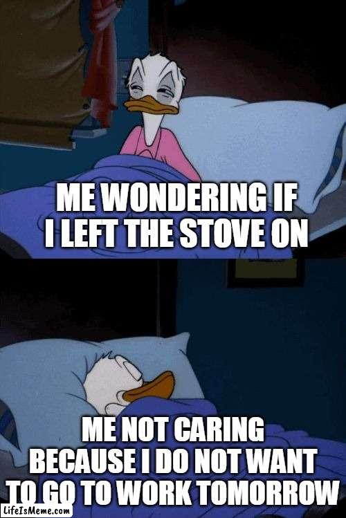 me wondering if i left the stove on | ME WONDERING IF I LEFT THE STOVE ON; ME NOT CARING BECAUSE I DO NOT WANT TO GO TO WORK TOMORROW | image tagged in sleeping donald duck,funny,sleep,work,i hate my job | made w/ Lifeismeme meme maker