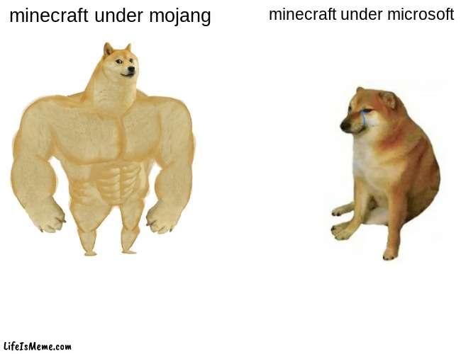 lol so tru tho | minecraft under mojang; minecraft under microsoft | image tagged in memes,buff doge vs cheems | made w/ Lifeismeme meme maker