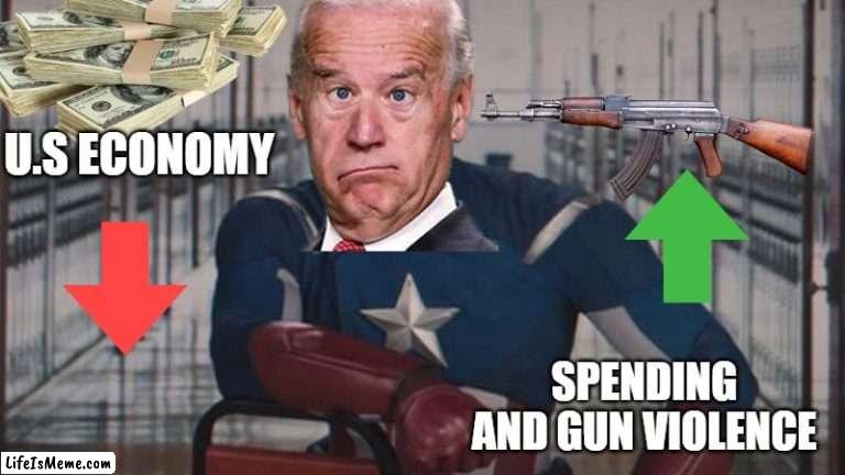 America in a nutshell | U.S ECONOMY; SPENDING AND GUN VIOLENCE | image tagged in captain america so you,america,gun violence,inflation,stock market | made w/ Lifeismeme meme maker