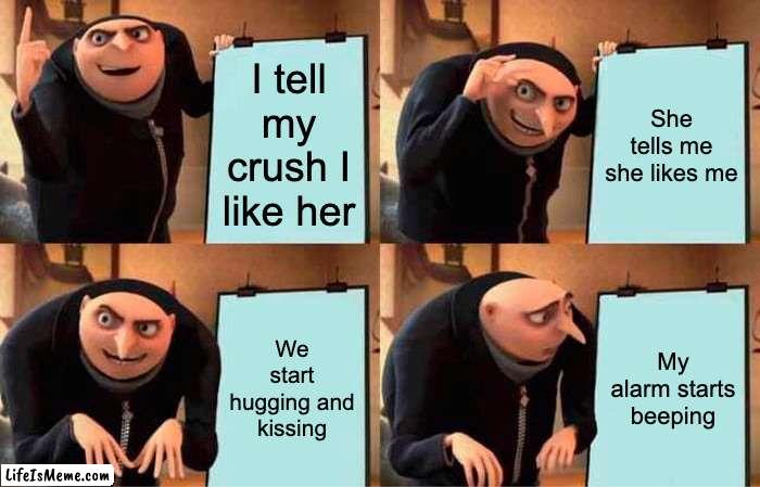 Proof that our alarms don't want us to enjoy our dreams | I tell my crush I like her; She tells me she likes me; We start hugging and kissing; My alarm starts beeping | image tagged in memes,gru's plan | made w/ Lifeismeme meme maker