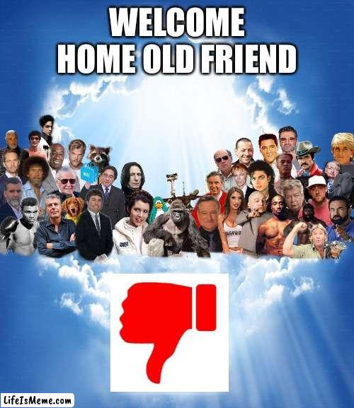 bring them back youtube | WELCOME HOME OLD FRIEND | image tagged in meme heaven,dislike,youtube,dislike button | made w/ Lifeismeme meme maker