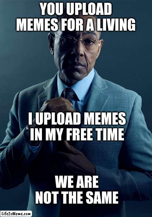 making memes for a living is a joke | YOU UPLOAD MEMES FOR A LIVING; I UPLOAD MEMES IN MY FREE TIME; WE ARE NOT THE SAME | image tagged in gus fring we are not the same | made w/ Lifeismeme meme maker