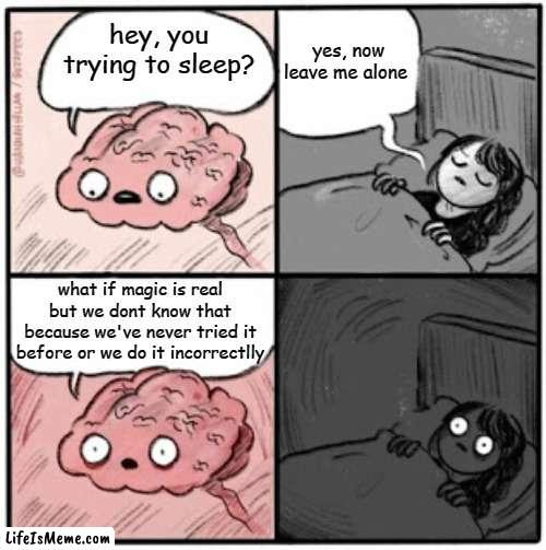 is magic real tho? | yes, now leave me alone; hey, you trying to sleep? what if magic is real but we dont know that because we've never tried it before or we do it incorrectlly | image tagged in brain before sleep | made w/ Lifeismeme meme maker