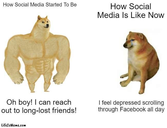 Ohhh Social Media | How Social Media Started To Be; How Social Media Is Like Now; Oh boy! I can reach out to long-lost friends! I feel depressed scrolling through Facebook all day | image tagged in memes,buff doge vs cheems | made w/ Lifeismeme meme maker