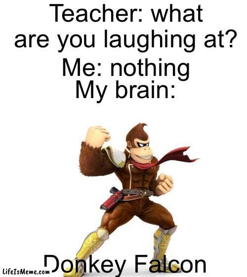 Lolololol | Teacher: what are you laughing at? Me: nothing; My brain:; Donkey Falcon | image tagged in blank white template,fun,funny memes | made w/ Lifeismeme meme maker