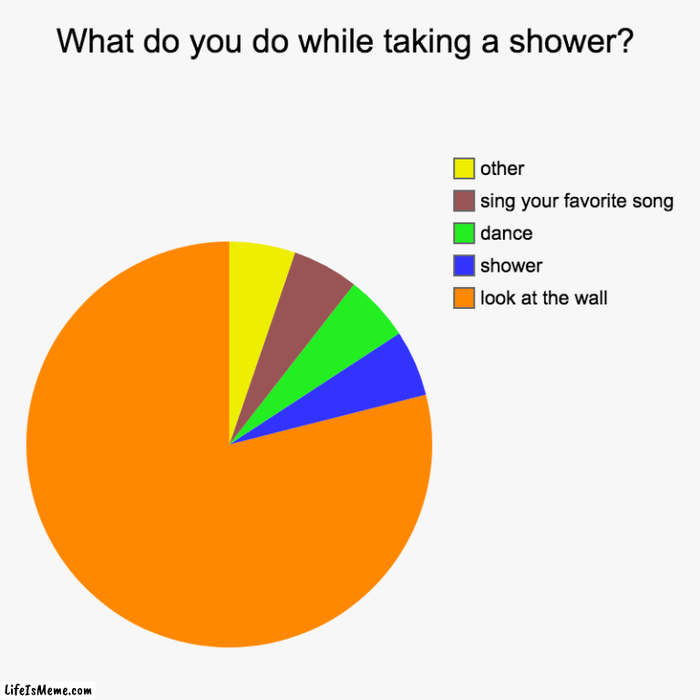 Shower meme | What do you do while taking a shower? | look at the wall, shower, dance, sing your favorite song, other | image tagged in charts,pie charts | made w/ Lifeismeme chart maker
