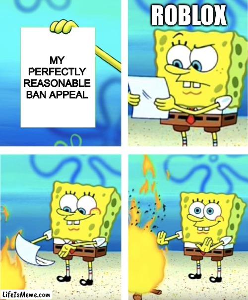 Ban appeals on roblox | ROBLOX; MY PERFECTLY REASONABLE BAN APPEAL | image tagged in spongebob burning paper,memes | made w/ Lifeismeme meme maker
