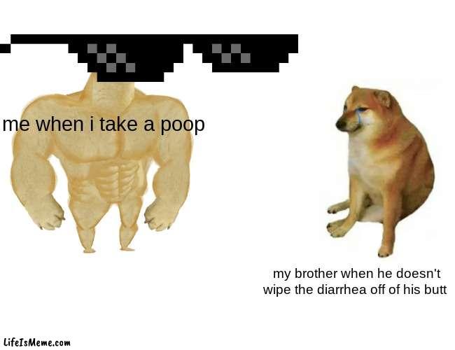 comparing | me when i take a poop; my brother when he doesn't wipe the diarrhea off of his butt | image tagged in memes,buff doge vs cheems,poop | made w/ Lifeismeme meme maker