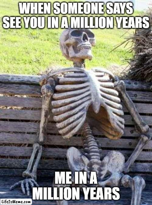 when someone says see you in  a million years | WHEN SOMEONE SAYS SEE YOU IN A MILLION YEARS; ME IN A MILLION YEARS | image tagged in memes,waiting skeleton | made w/ Lifeismeme meme maker